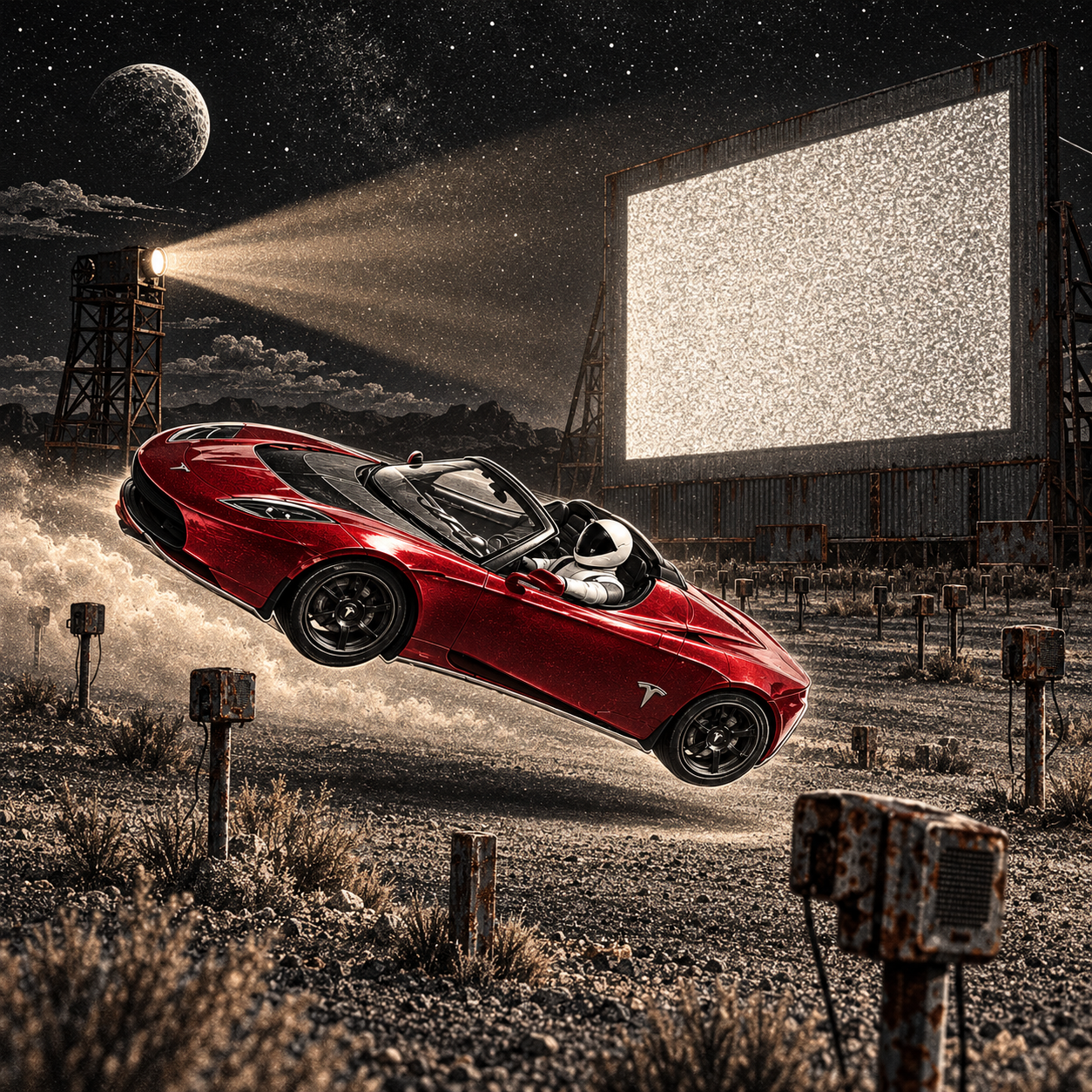 Red roadster and astronaut gliding through an empty desert drive-in under a projector beam