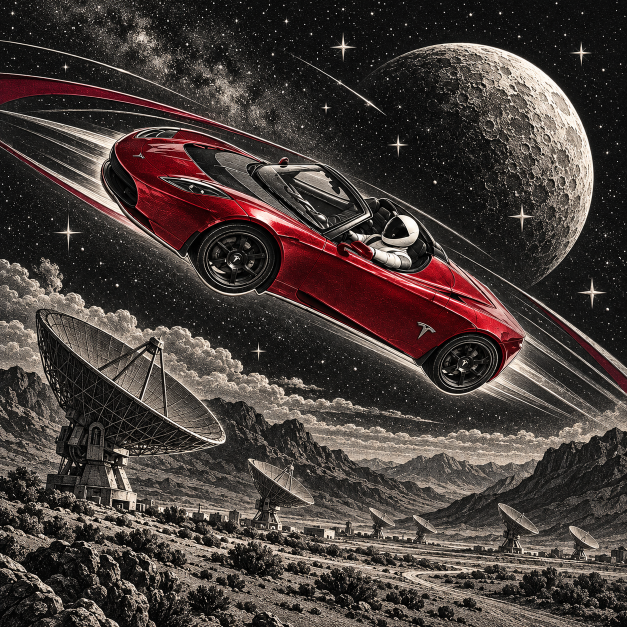The red roadster and astronaut flying low past radio telescopes under a moonlit sky