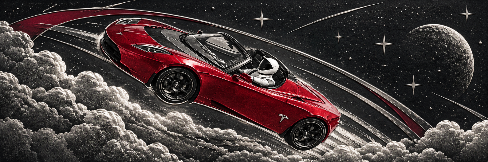 Original wide artwork showing a red roadster with an astronaut in space above silver clouds