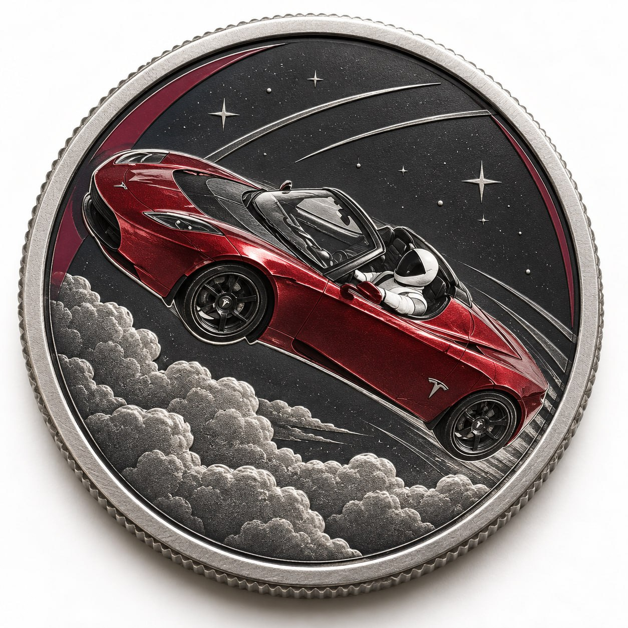 Original coin artwork of the red roadster with an astronaut flying through a silver star field