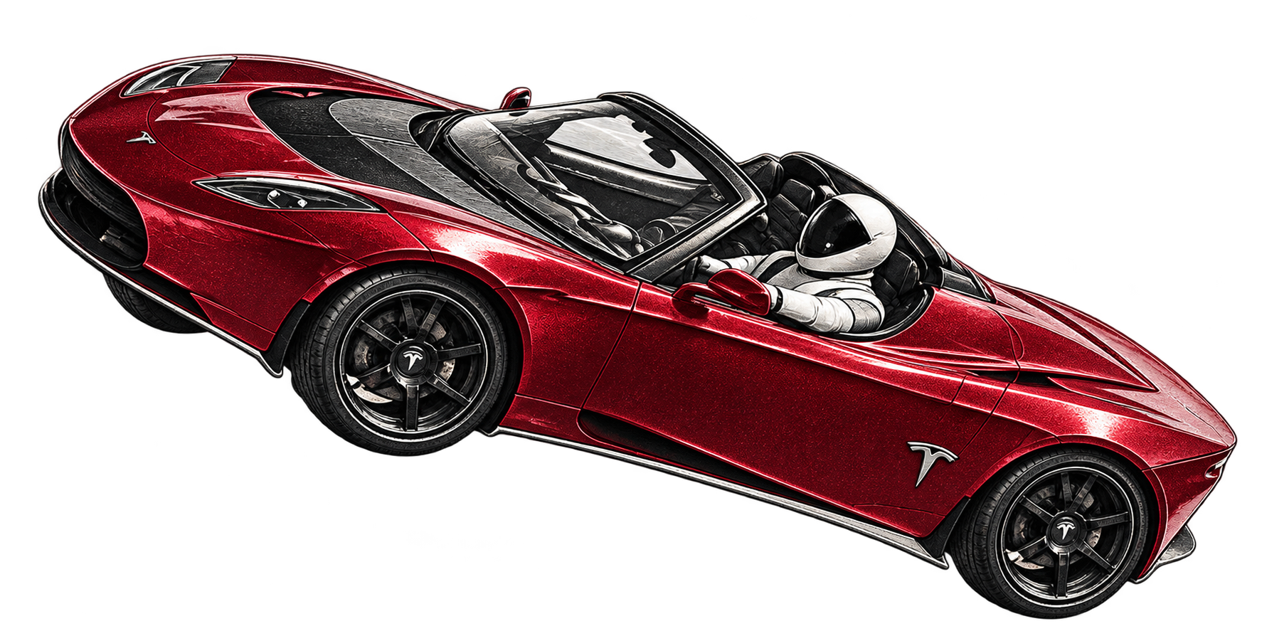 Large cutout of the red flying roadster with a white-suited astronaut seated in its open cockpit