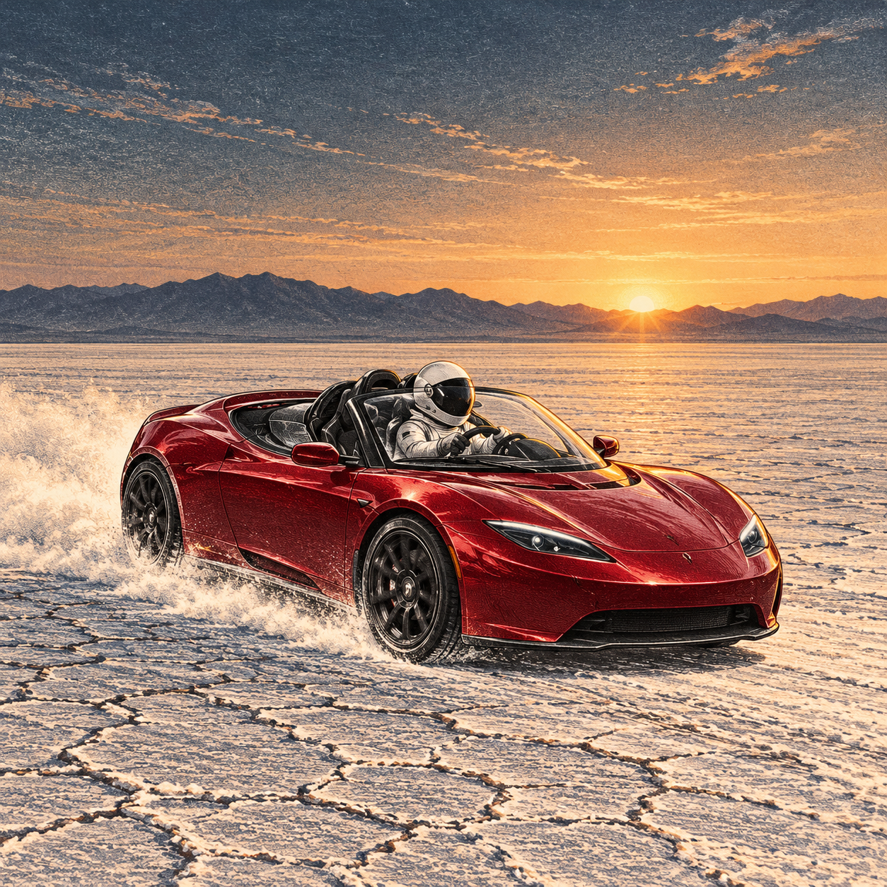 The astronaut's red roadster approaching takeoff on an empty salt flat before dawn
